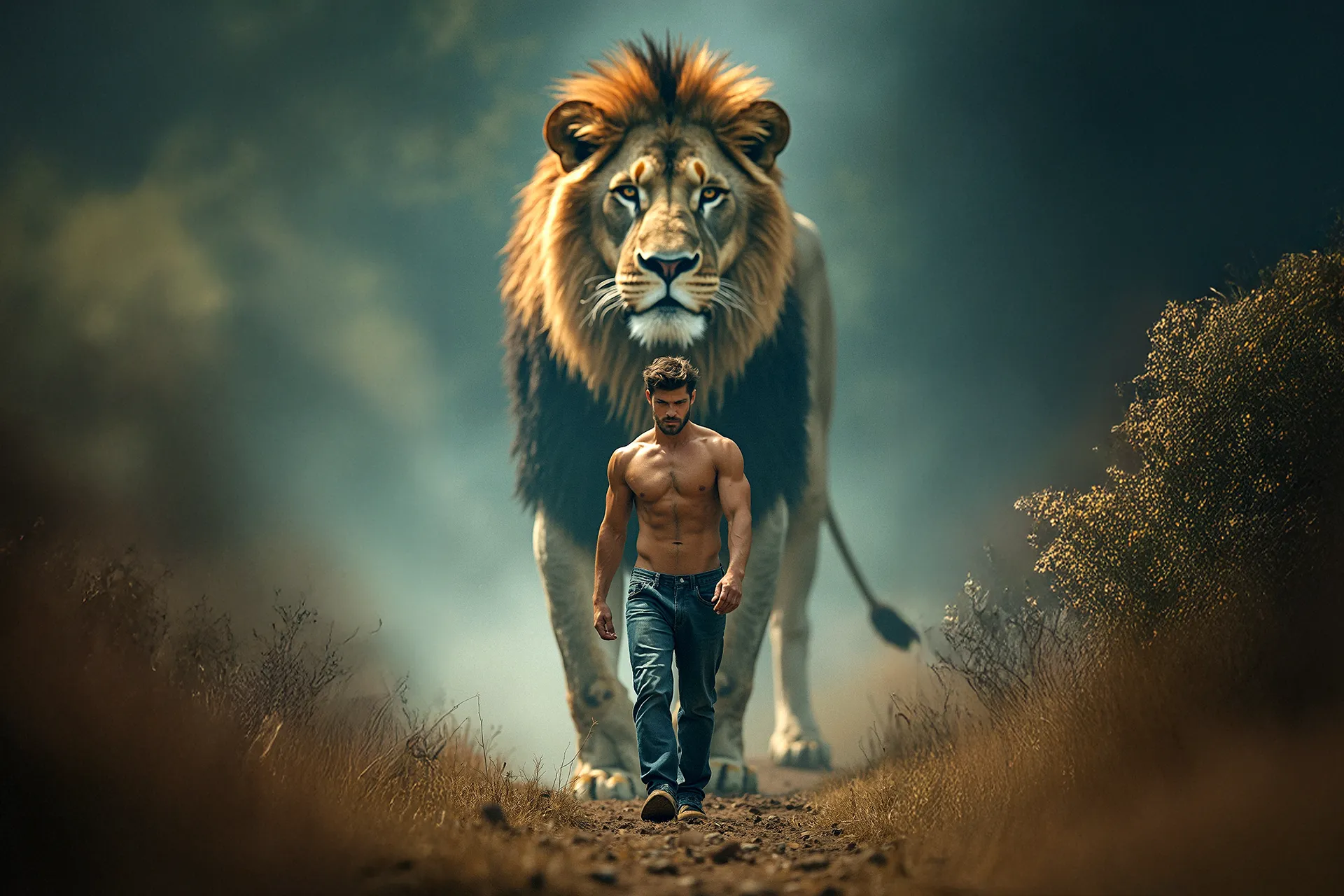 Younglifts homme et lion